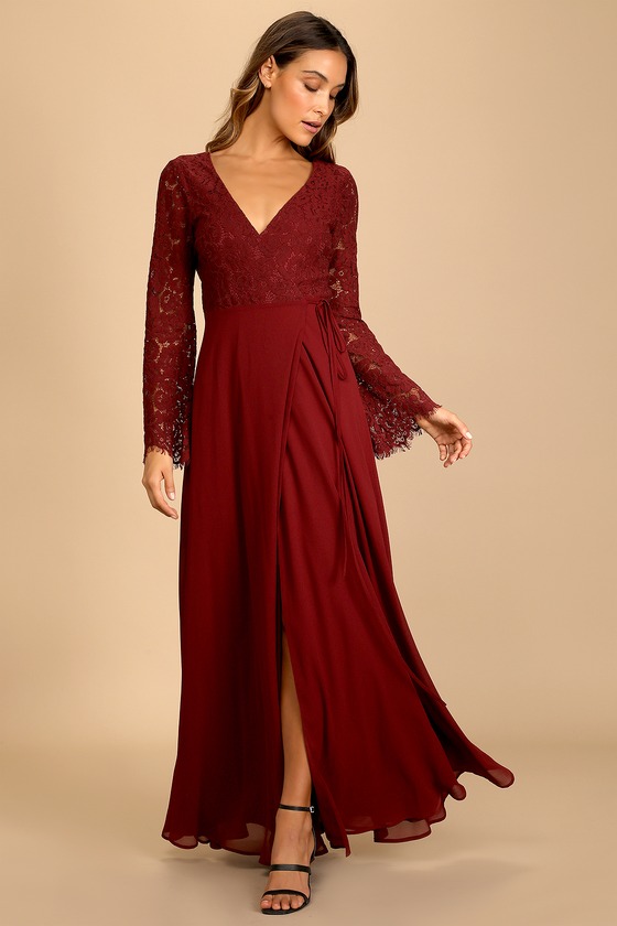 Burgundy Maxi Dress - Lace Bodice Dress ...